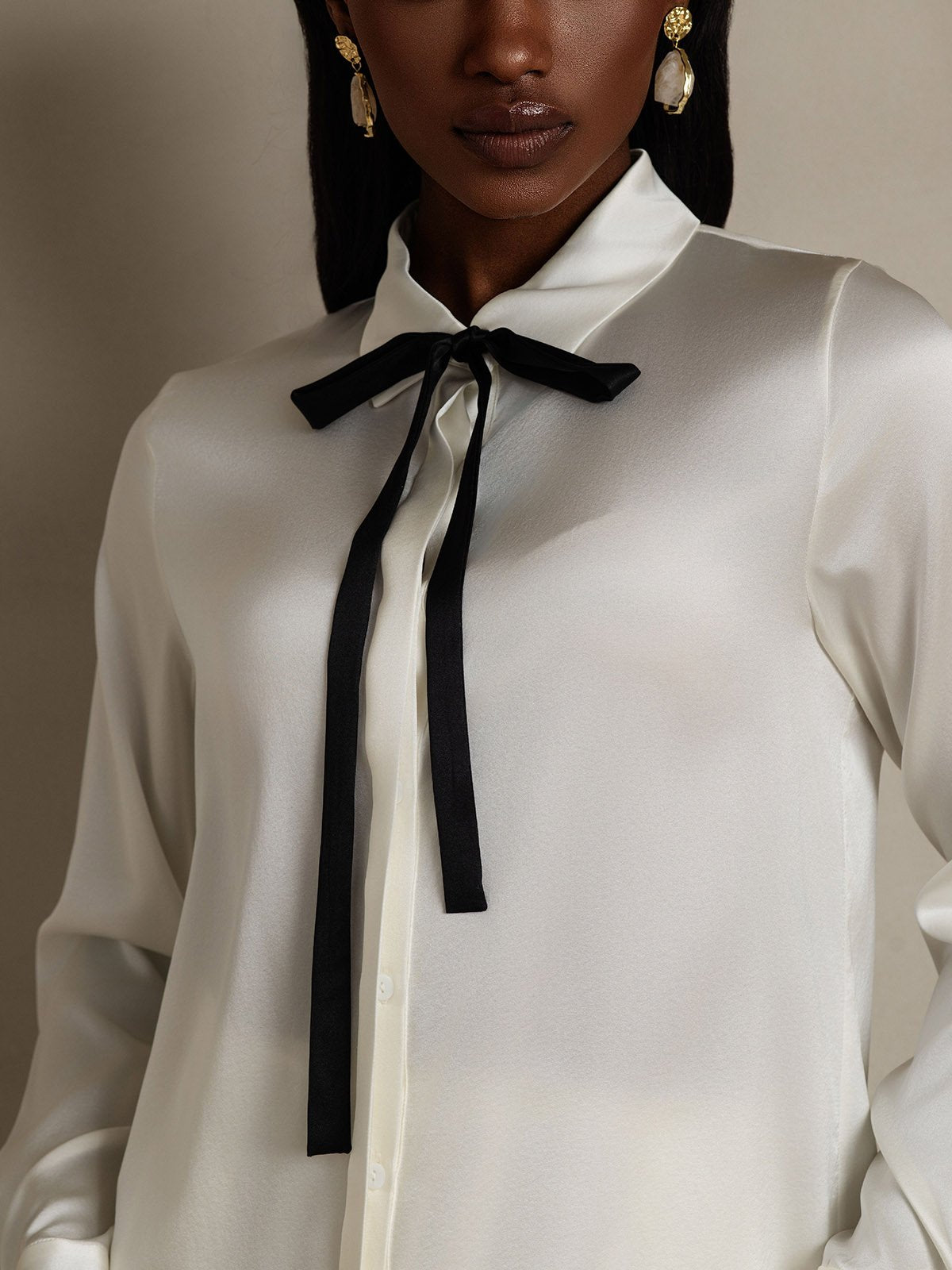 SilkSilky-CA 19Momme Silk Long Sleeve Tie Neck Women's Shirt White 008