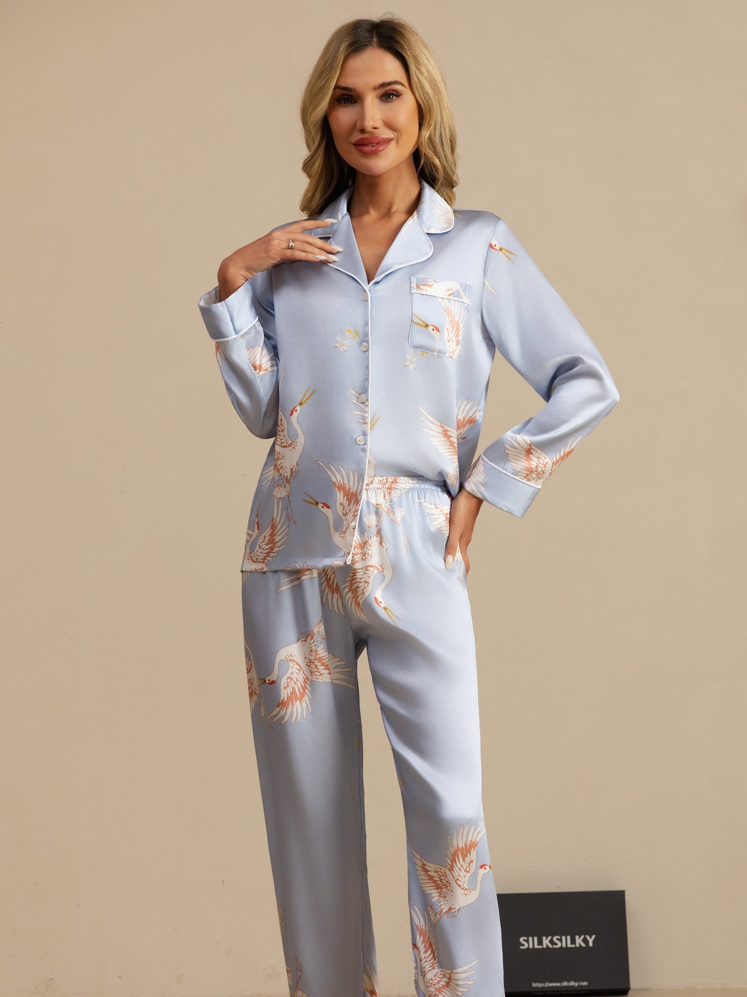[Light Blue] SilkSilky-CA 19Momme Long Sleeve Notch Collar Women's Pajamas 004