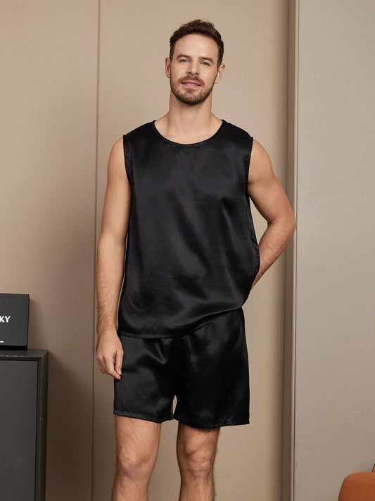 SilkSilky CA Pure Silk Sleeveless Round Neck Men's Pajamas Black 001