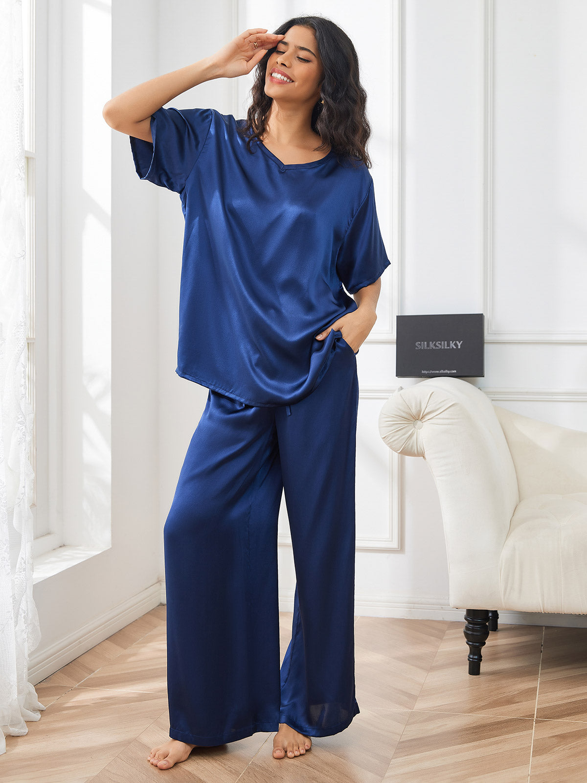 SilkSilky CA Pure Silk Short Sleeve V Neck Women's Pajamas DarkBlue 001