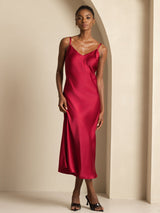 [Wine] SilkSilky-CA Spaghetti Strap V Neck Dress 001
