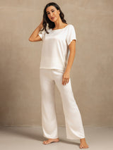 [White] SilkSilky-CA 19Momme Machine-Washable Silk Short Sleeve Women's Pajamas 006