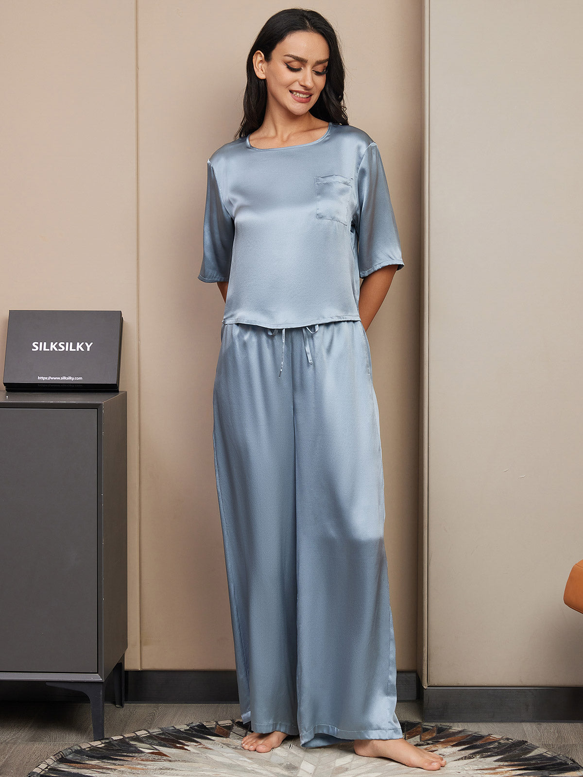 [Grayish Blue] SilkSilky-CA Pure Silk Half Sleeve Round Neck Women's Pajamas 005