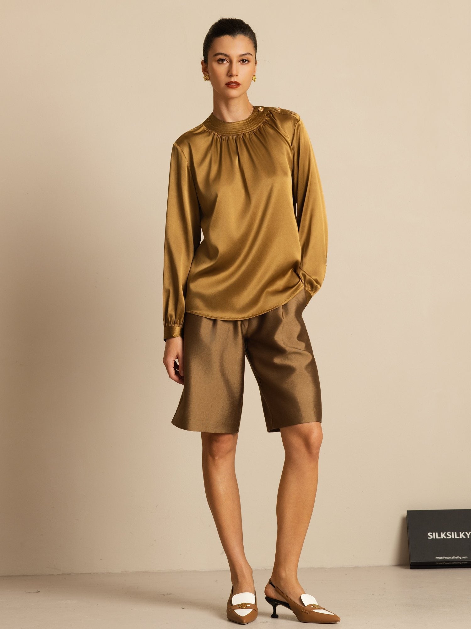 [Bronze] SilkSilky-CA 19Momme Stretch Silk Charmeuse Long Sleeve Round Neck Blouse 006