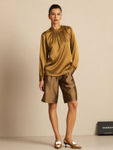 [Bronze] SilkSilky-CA 19Momme Stretch Silk Charmeuse Long Sleeve Round Neck Blouse 006