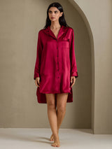 [Wine] SilkSilky-CA Long Sleeve Lapel Collar Nightshirt 007