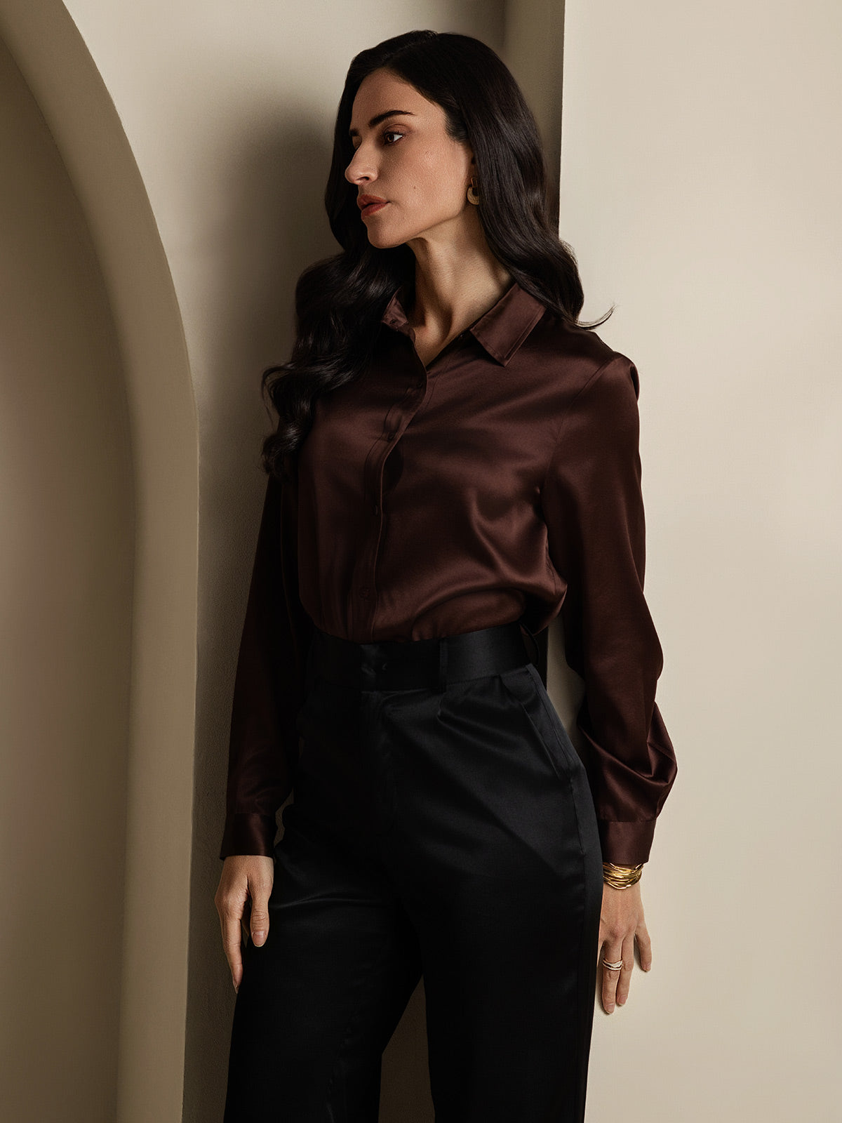 SilkSilky-CA 19Momme Silk Long Sleeve Collar Women's Shirt Coffee 009