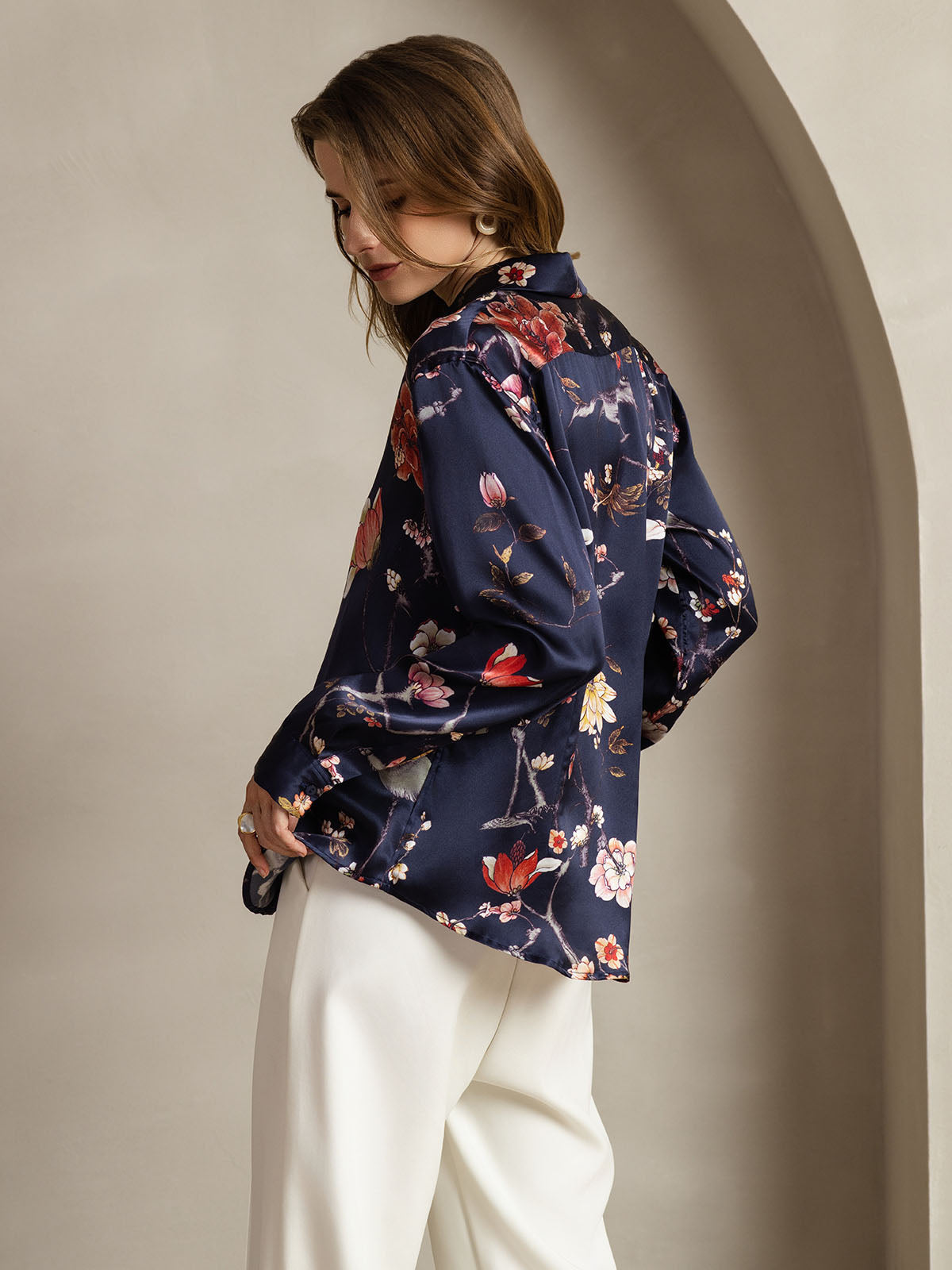 [Navy Floral] SilkSilky-CA Silk Lapel Collar Women's Shirt 002