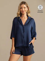 [Dark Blue] SilkSilky-CA 19Momme Machine-Washable Silk Half Sleeve Notch Collar Women's Pajamas 001