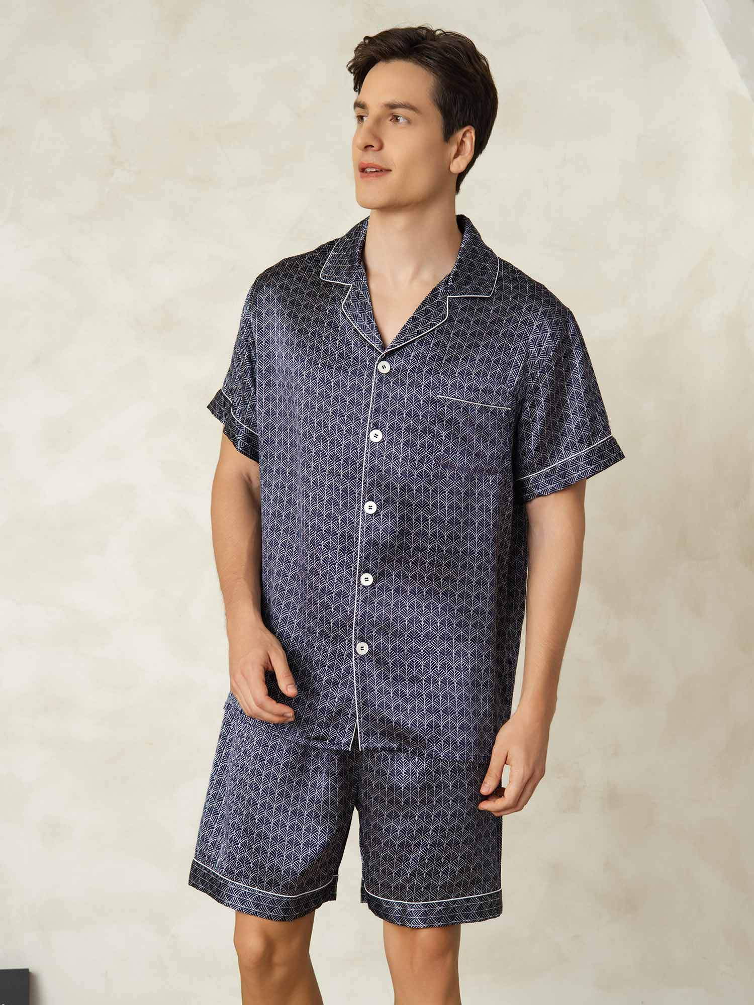 [Navy Ginkgo] SilkSilky-CA Short Sleeve Notch Collar Men's Pajamas 004