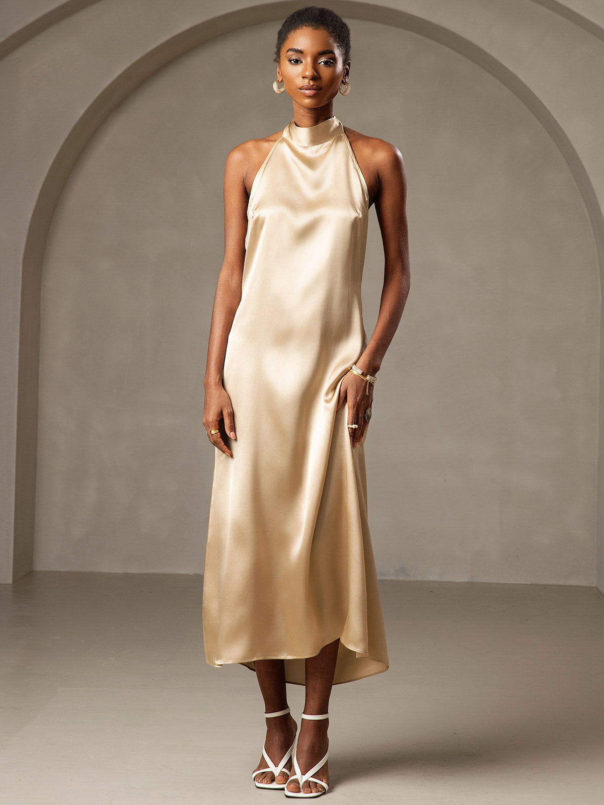 SilkSilky CA 19Momme Silk Sleeveless Dress Champagne 005