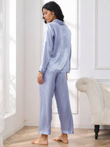 [Steel Blue] SilkSilky-CA Long Sleeve Lapel Collar Women's Pajamas 002