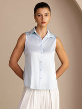 [Light Blue] SilkSilky-CA Sleeveless Lapel Collar Women's Shirt 003