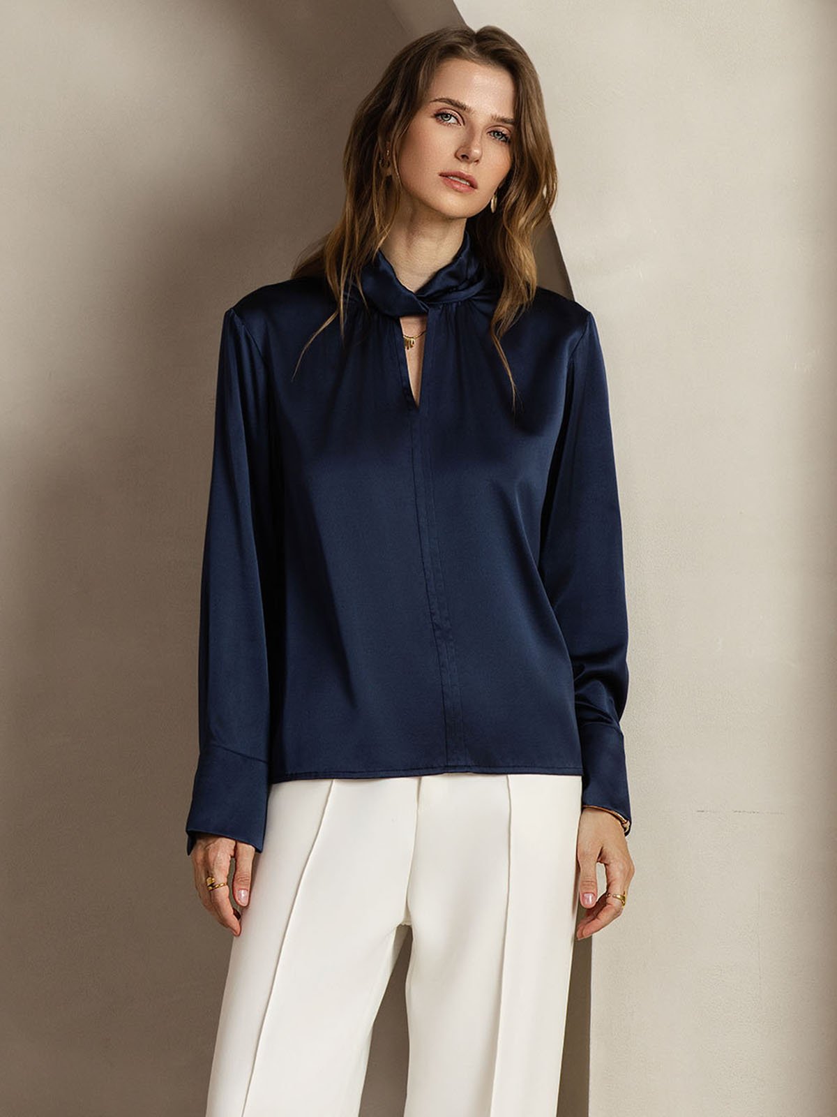 [DarkBlue] SilkSilky-CA 19Momme Silk Keyhole Neck Women's Shirt 005