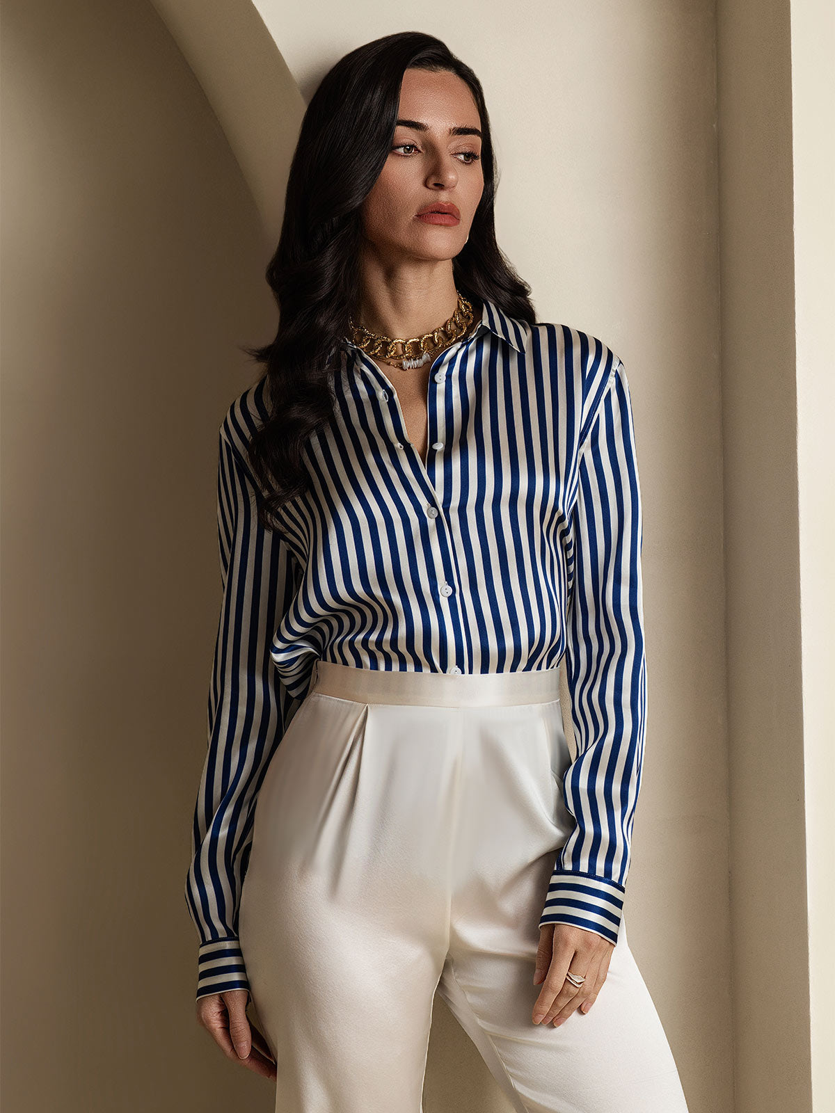 [Navy Stripe] SilkSilky-CA Silk Long Sleeve Lapel Collar Women's Shirt 009