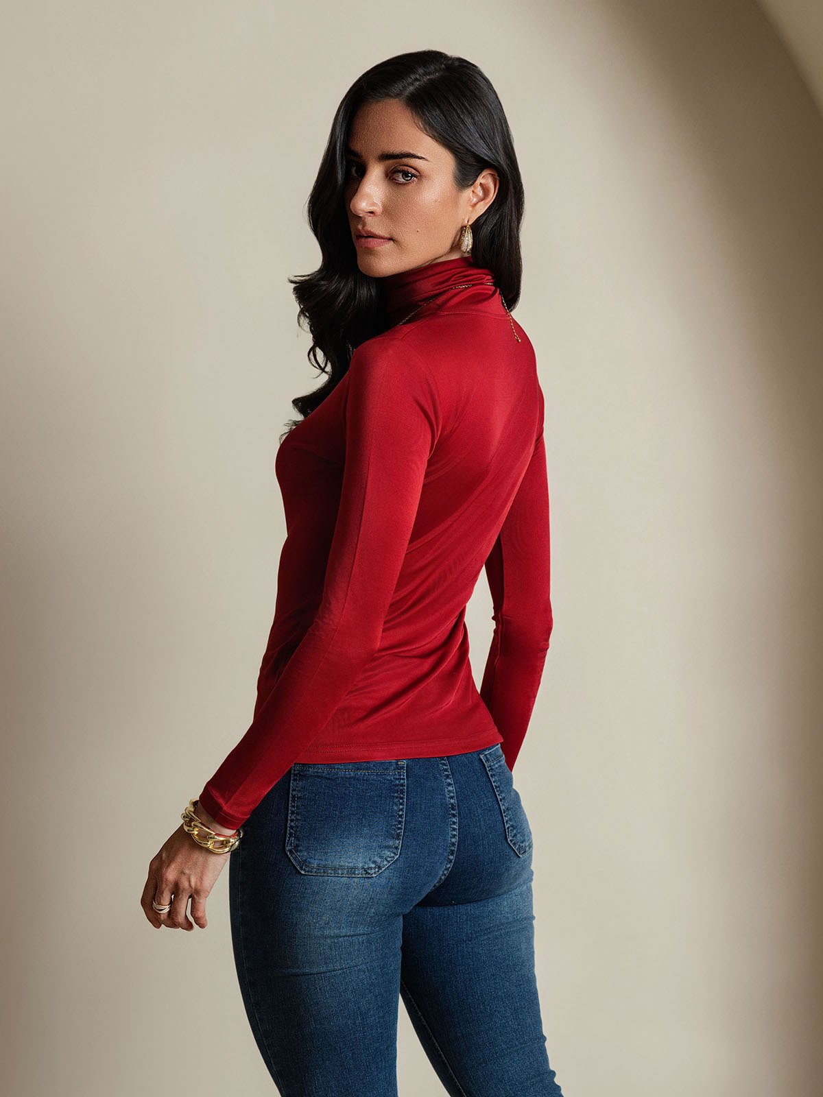 [Wine] SilkSilky-CA Silk Jersey Long Sleeve Turtle Neck Women's T-Shirt 002