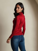 [Wine] SilkSilky-CA Silk Jersey Long Sleeve Turtle Neck Women's T-Shirt 002