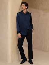 [Dark Blue] SilkSilky-CA 19Momme Stretch Silk Charmeuse Long Sleeve Lapel Collar Men's Shirt 008