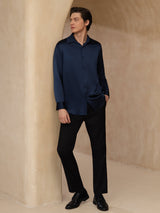[Dark Blue] SilkSilky-CA Long Sleeve Lapel Collar Men's Shirt 008