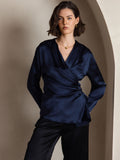 SilkSilky CA 19Momme Silk Long Sleeve V Neck Women's Shirt DarkBlue 003