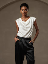 [White] SilkSilky-CA Cap Sleeve Cowl Neck Women's T-Shirt 003
