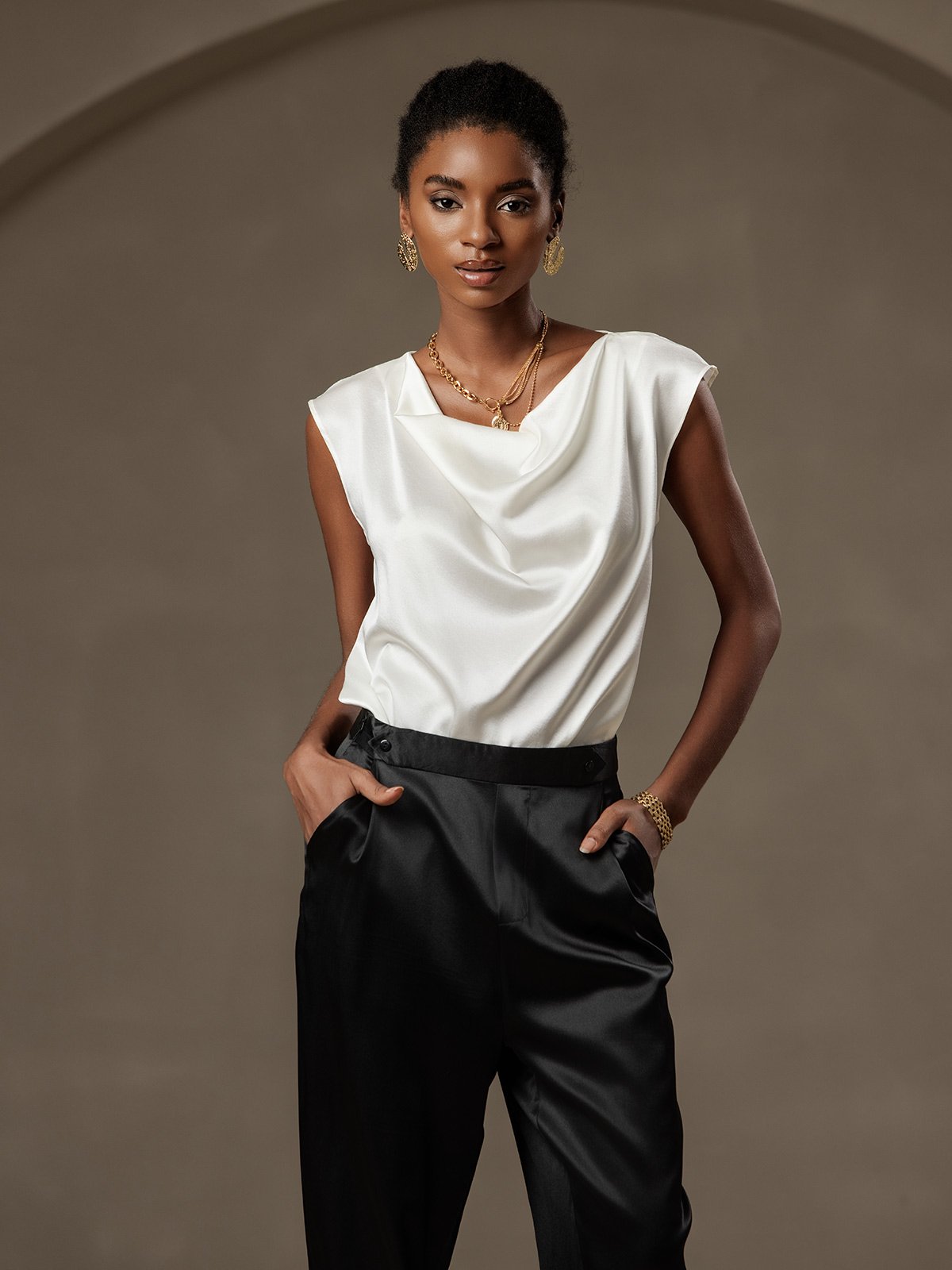 [White] SilkSilky-CA 19Momme Silk Cap Sleeve Cowl Neck Women's T-Shirt 003