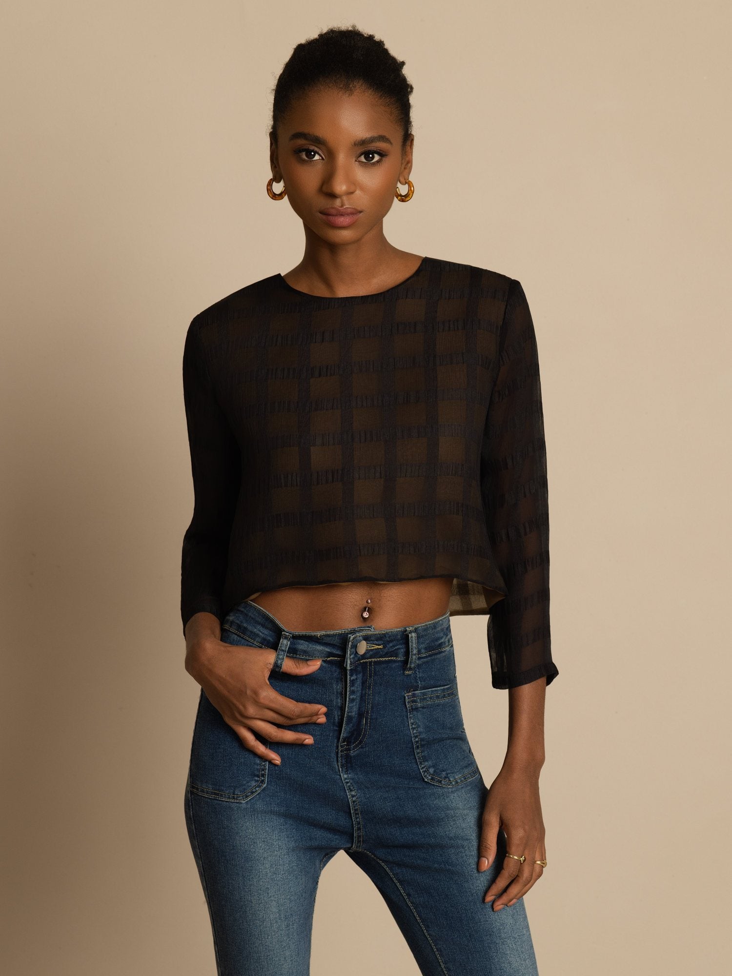 [Black] SilkSilky-CA Pure Silk Long Sleeve Round Neck Blouse 003