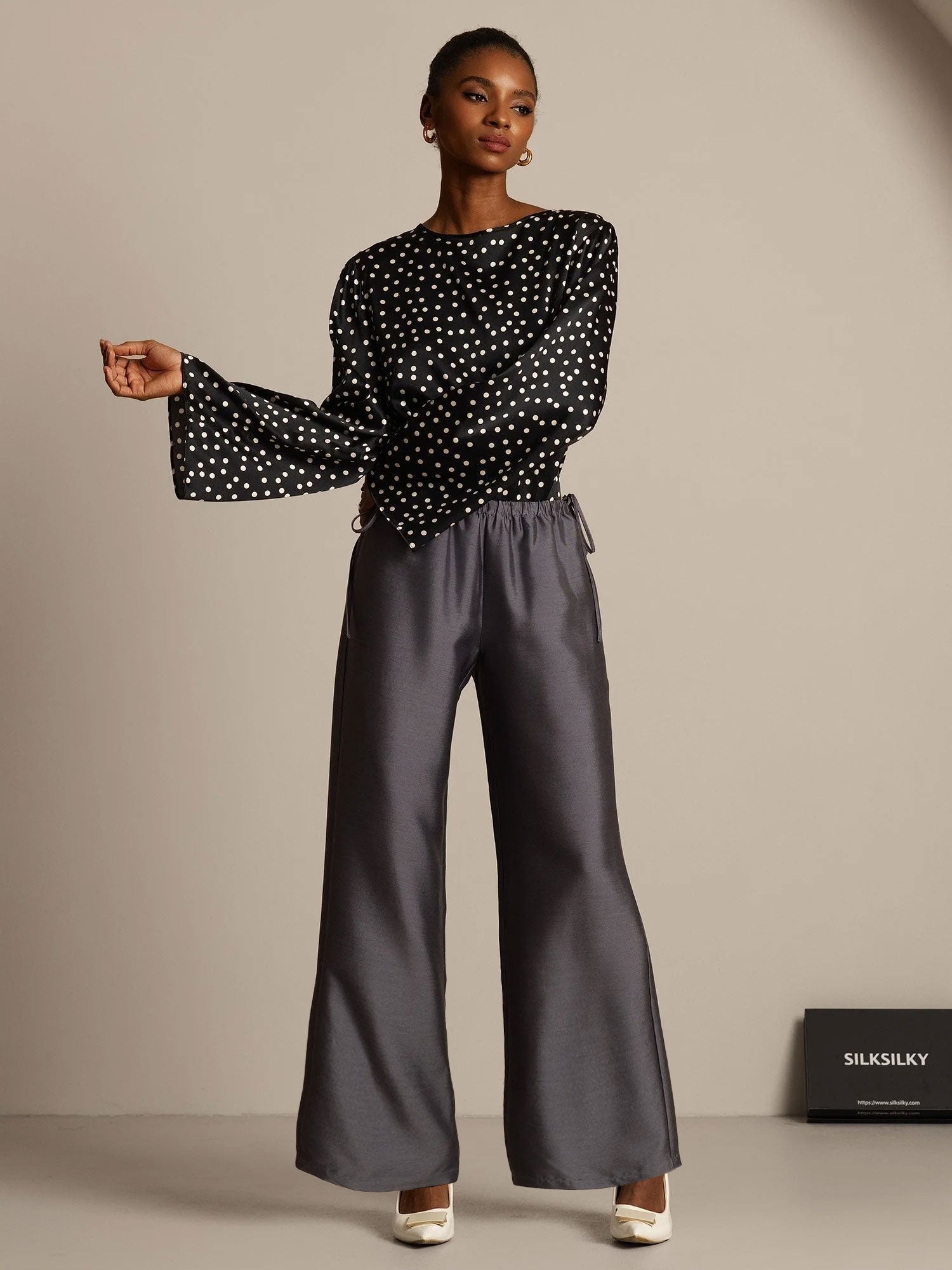 [Gray] SilkSilky-CA 32Momme Silk-Wool Blend Womens Pants 006,