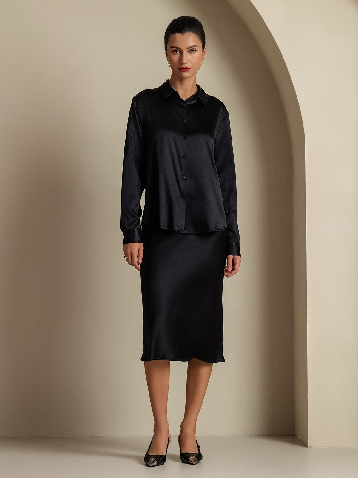 [Black] SilkSilky-CA 19Momme Silk Knitted Lapel Collar Women''s Outfit Sets 003,