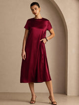 [Dark Red] SilkSilky-CA Short Sleeve Crew Neck Dress 006