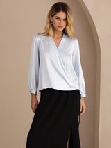 [Light Blue] SilkSilky-CA Long Sleeve Wrap Women's Blouse 001