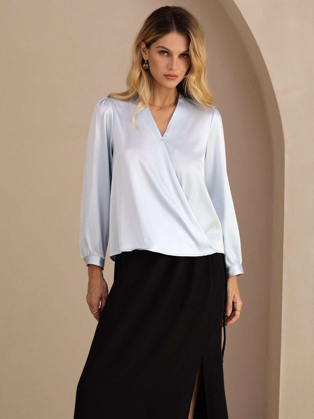 [Light Blue] SilkSilky-CA Long Sleeve Wrap Women's Blouse 001