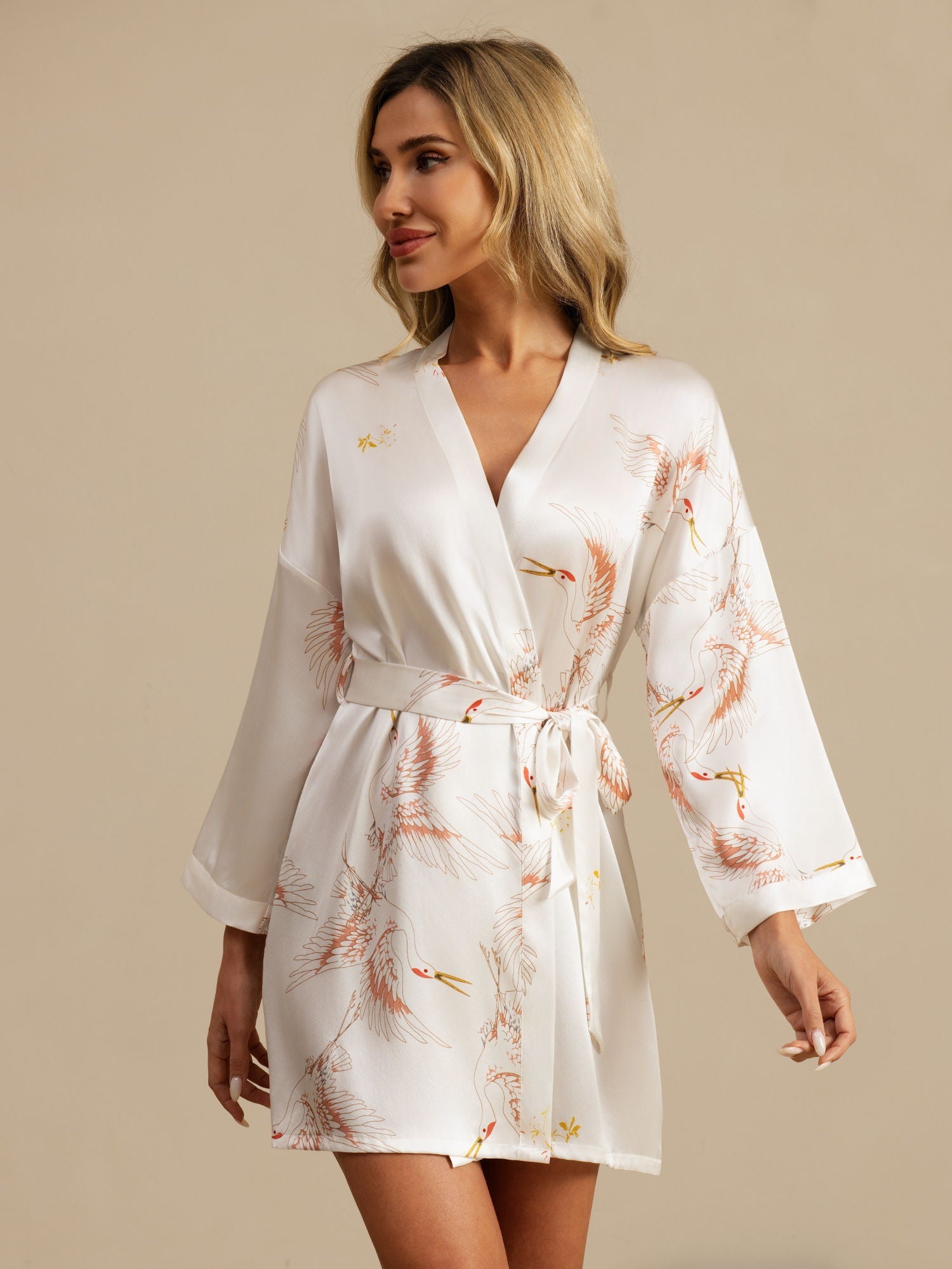 [White] SilkSilky-CA 19Momme 3/4 Sleeve Women's Robe 004