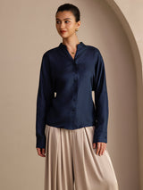 [Dark Blue] SilkSilky-CA Long Sleeve Split Women's Blouse 004