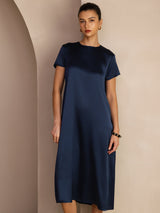 [Dark Blue] SilkSilky-CA Short Sleeve Round Neck Dress 005