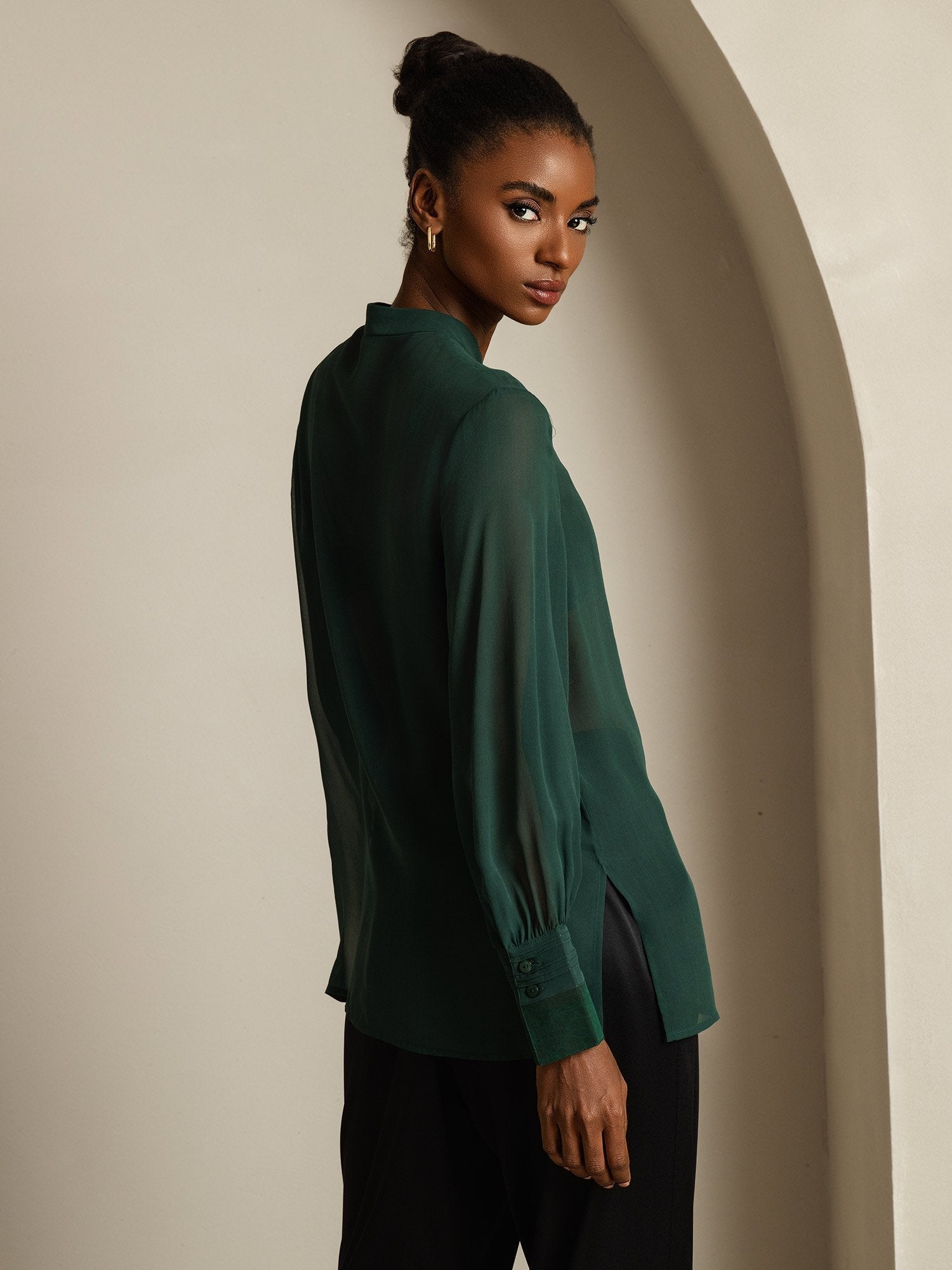 [Dark Green] SilkSilky-CA Pure Silk Split Women's Shirt 006