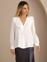 [White] SilkSilky-CA Long Sleeve Deep V Neck Women's Blouse 001