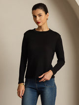 [Black] SilkSilky-CA 100% Silk Jersey Long Sleeve Crew Neck Women's T-Shirt 001