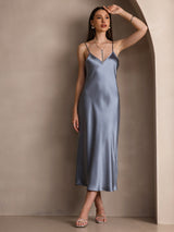 [Grayish Blue] SilkSilky-CA Spaghetti Strap V Neck Dress 005