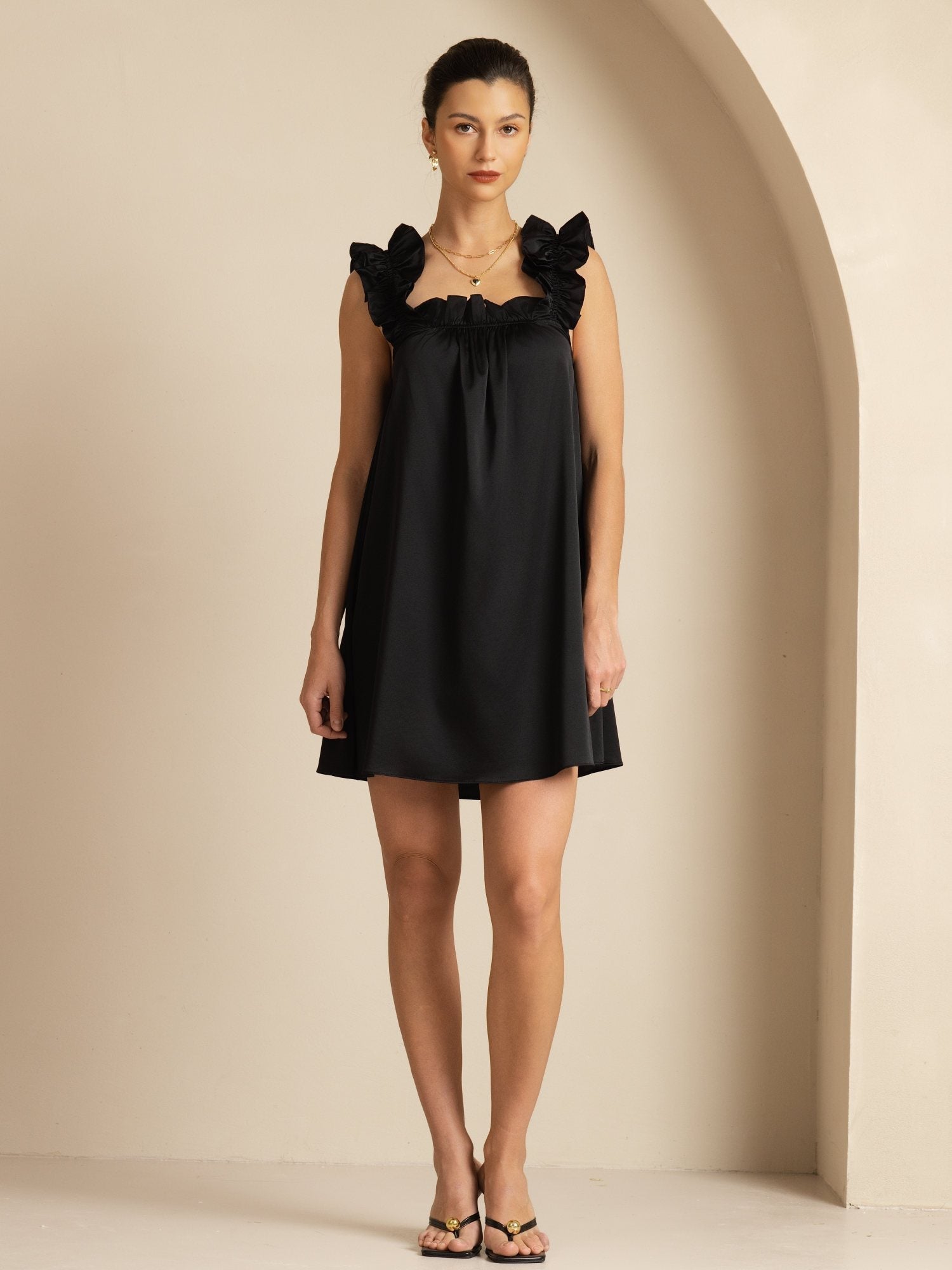 [Black] SilkSilky-CA 19Momme Silk Sleeveless Square Neck Dress 003