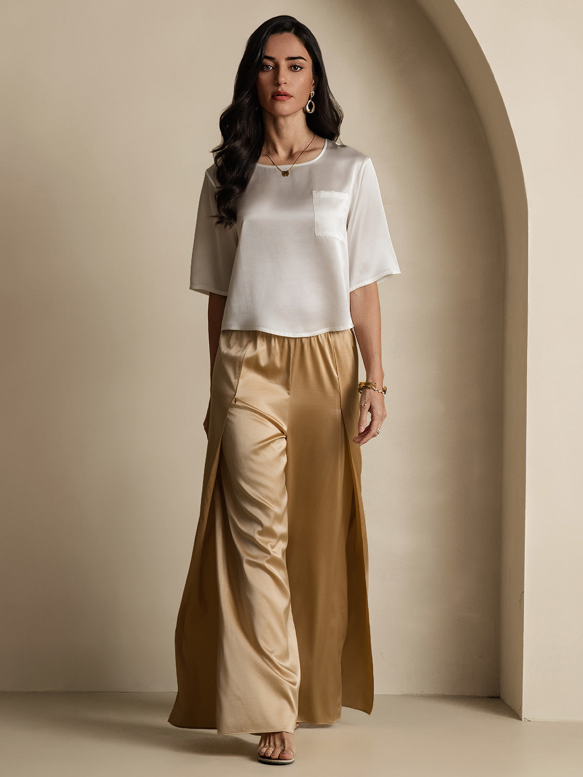 [White] SilkSilky-CA Pure Silk Boat Neck Women's T-Shirt 008