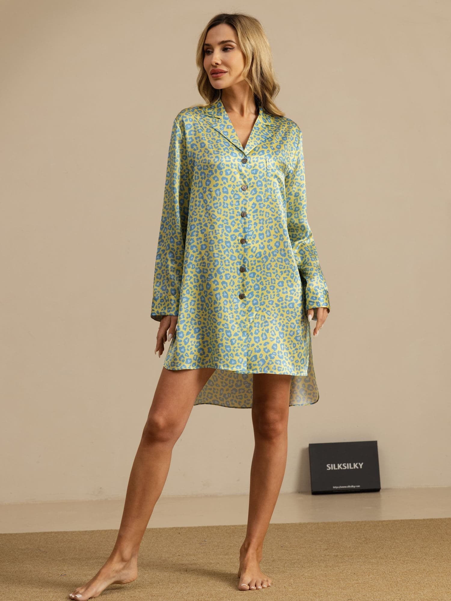 [Green Leopard] SilkSilky-CA 19Momme Long Sleeve Nightshirt 001