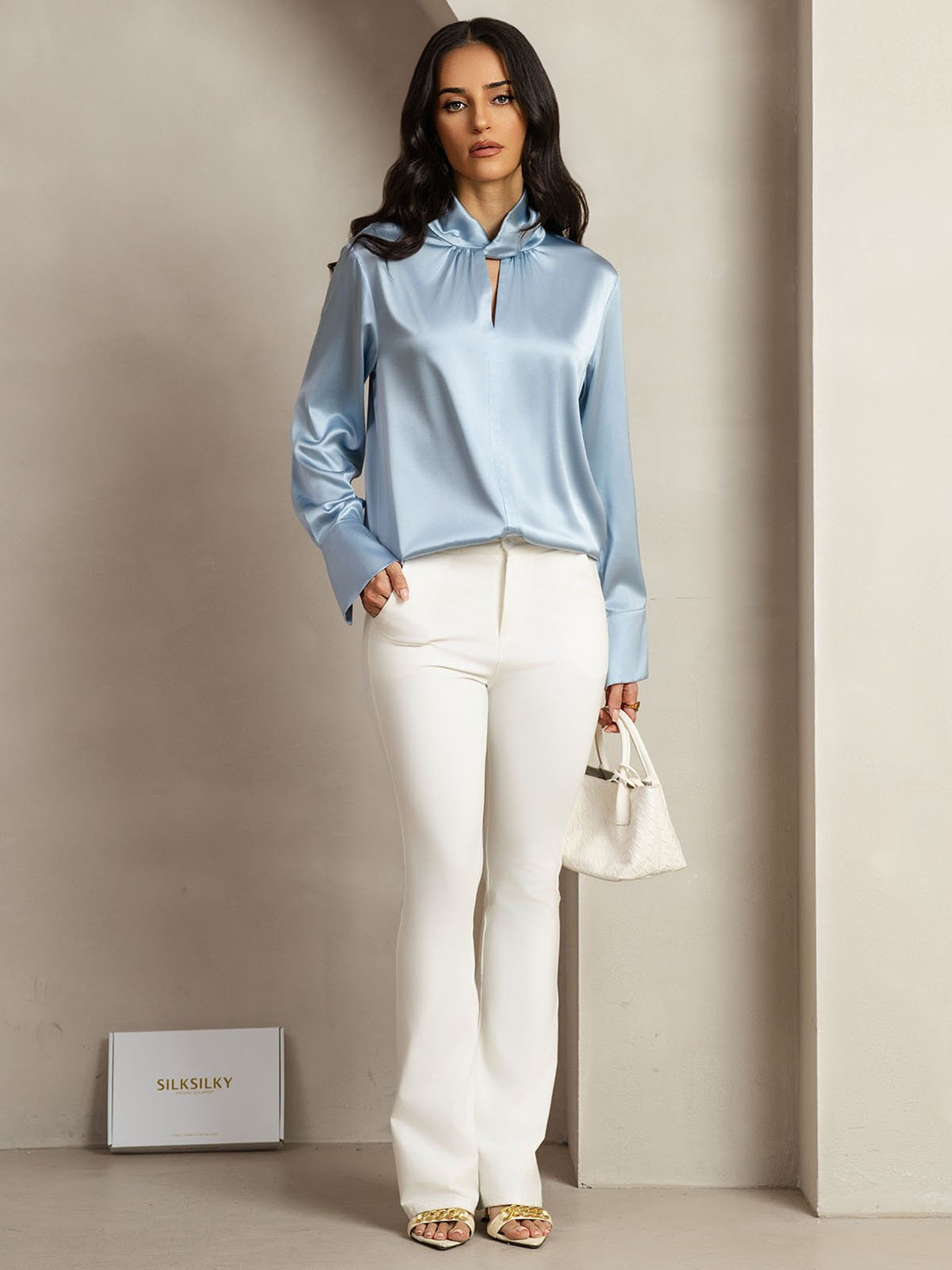 [GrayishBlue] SilkSilky-CA 19Momme Silk Keyhole Neck Women's Shirt 010