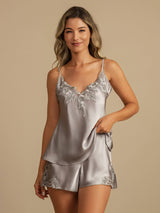 [Light Gray] SilkSilky-CA Spaghetti Strap V Neck Camisole Set 001