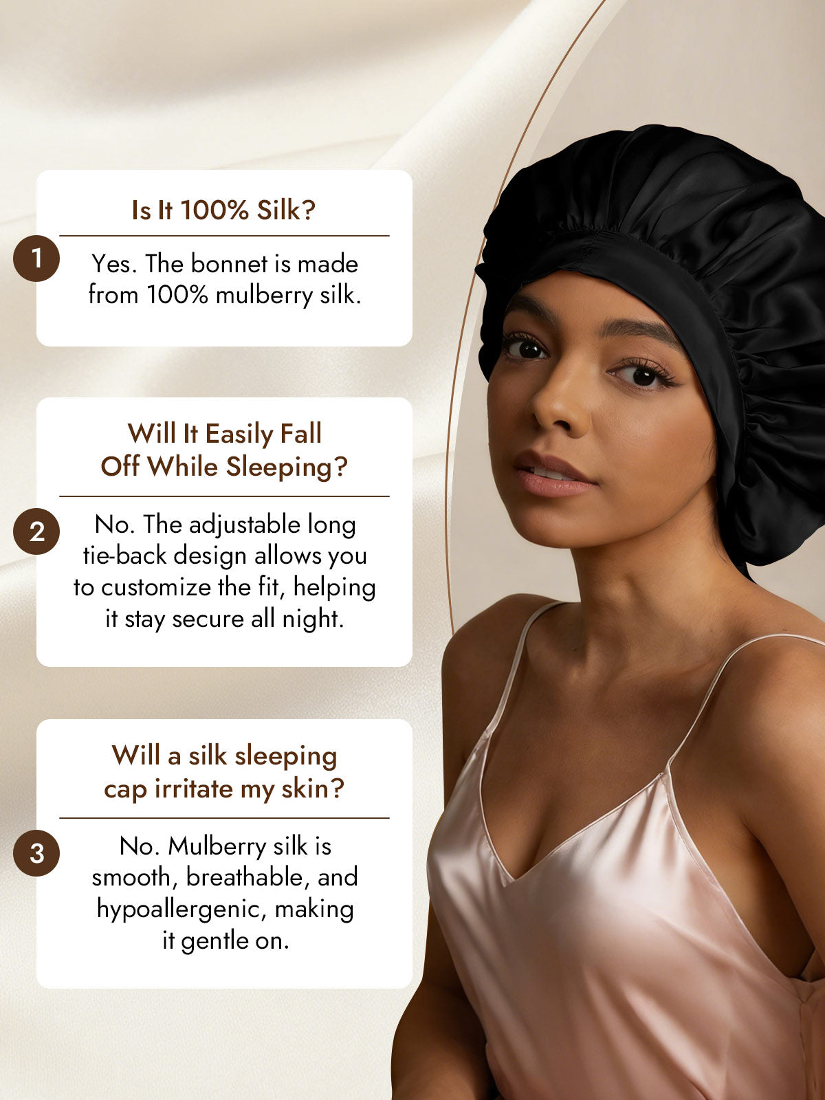 [Black] SilkSilky-CA Pure Silk Sleep Cap 007
