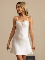 [White] SilkSilky-CA Spaghetti Strap V Neck Nightgown 003