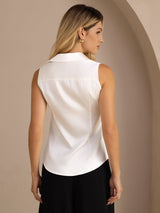 [White] SilkSilky-CA Sleeveless Lapel Collar Women's Shirt 002