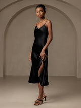 [Black] SilkSilky-CA Spaghetti Strap Cowl Neck Dress 003