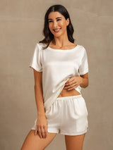 [White] SilkSilky-CA 19Momme Machine-Washable Silk Short Sleeve Round Neck Women's Pajamas 003