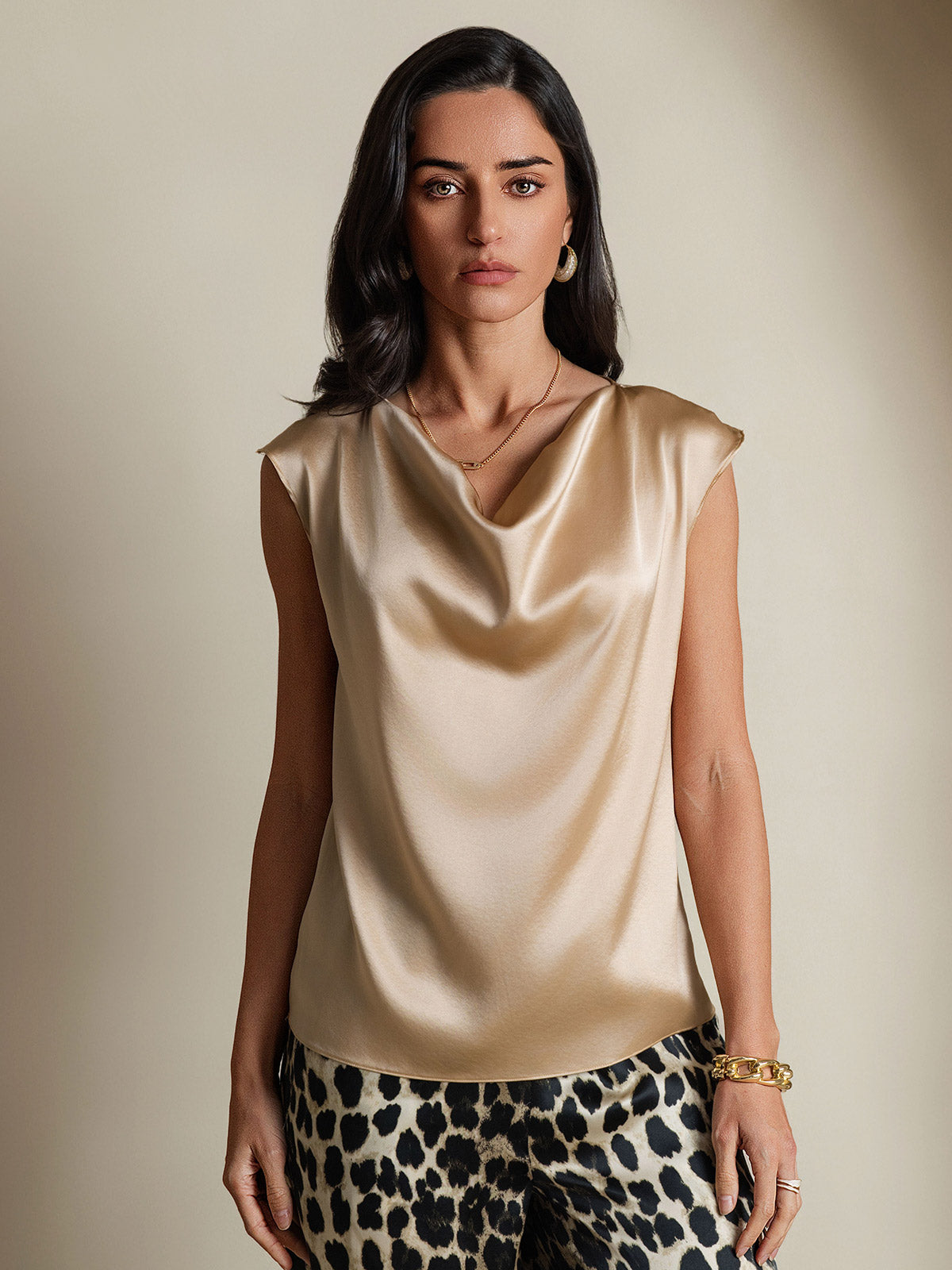 SilkSilky-CA 19Momme Silk Sleeveless Cowl Neck Women's T-Shirt Champagne 001